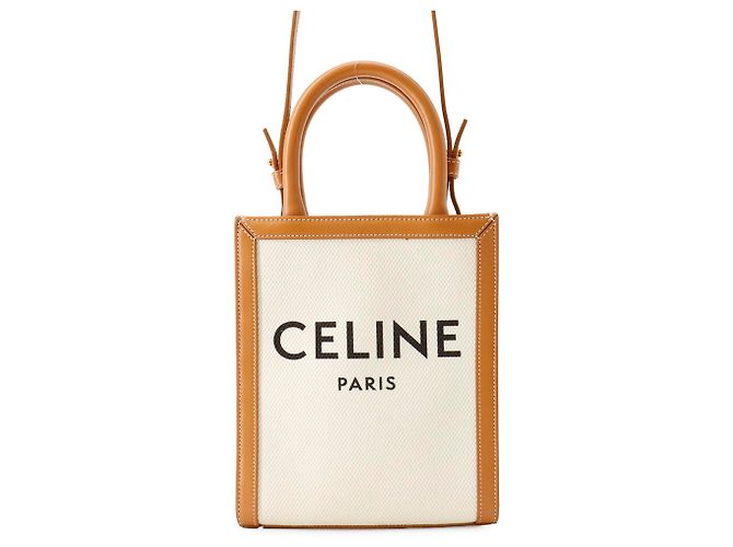 Céline Borsa Celine Mini Vertical Cabas in tela e pelle Marrone Beige