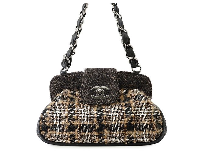 Sac à bandoulière Chanel Matelassé Tweed Noir Multicolore Marron foncé