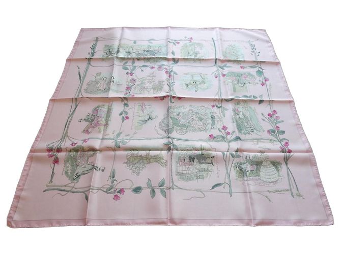 Lenço de seda Hermès La Comtesse de Ségur Rosa Bege