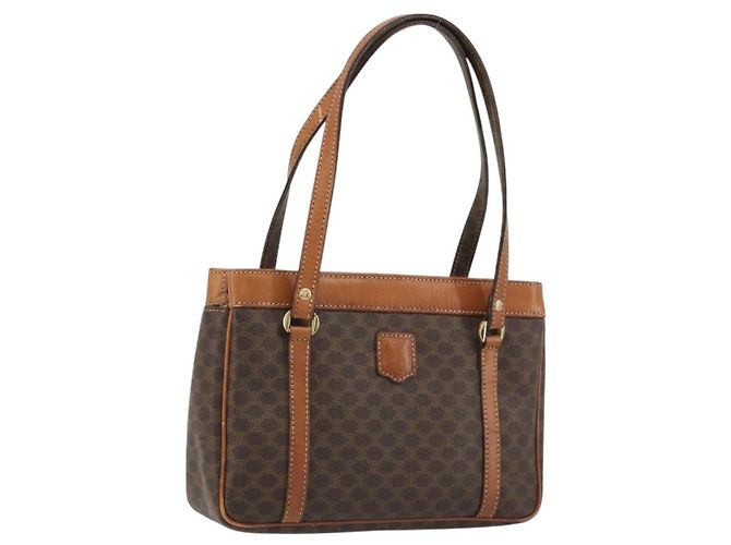 Céline Bolsa CELINE Macadam Canvas PVC Couro Marrom Ouro Auth mr2661 Dourado
