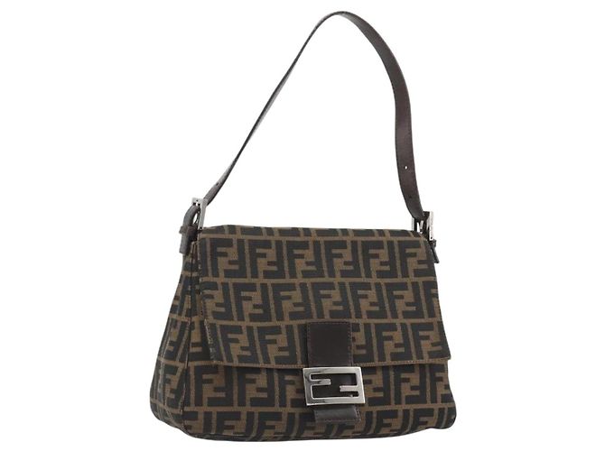 FENDI Zucca Canvas Mamma Baguette Borsa a Spalla Marrone Argento Auth BA13938V