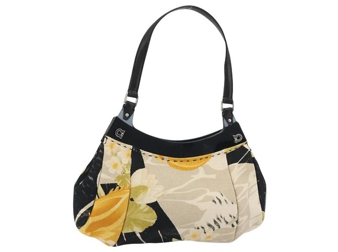Salvatore Ferragamo Gancini Handtasche Canvas Beige Silver Auth BA13795A