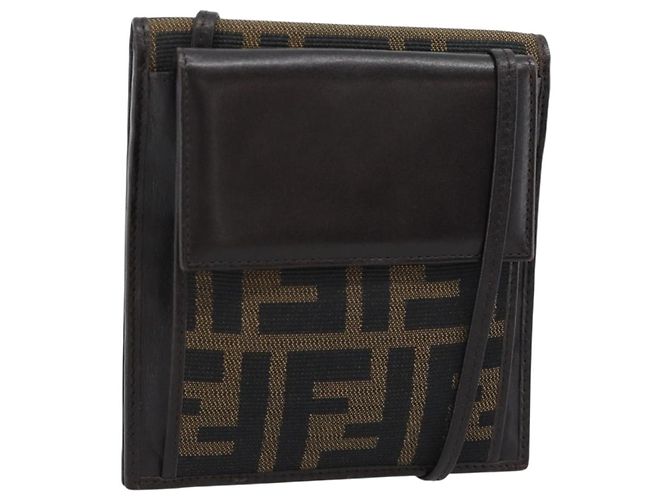 FENDI Zucca Canvas Shoulder Wallet Braun Schwarz Auth 190683A