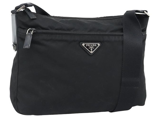 Sac à bandoulière en nylon PRADA Noir Argent Auth ka5115 Argenté