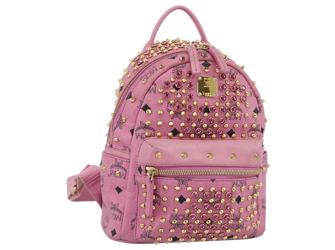 Mochila MCM Vicetos Logogram Studs de cuero Pink Gold Auth 190946 Rosa Dorado