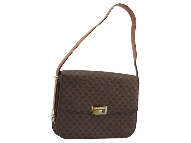 Céline Bolsa de Ombro CELINE Macadam Canvas PVC Couro Marrom Ouro Auth 190905A Dourado