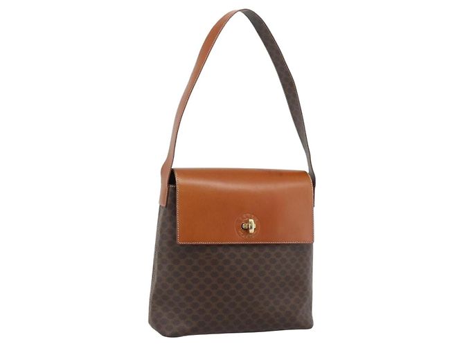 Céline Bolsa de Ombro CELINE em Canvas Macadam PVC Couro Marrom Ouro Auth 190382A Dourado