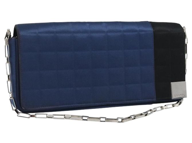 CHANEL Choco Bar Line Chain Shoulder Bag Satin Navy Silver CC Auth mr2769 Argento Blu navy