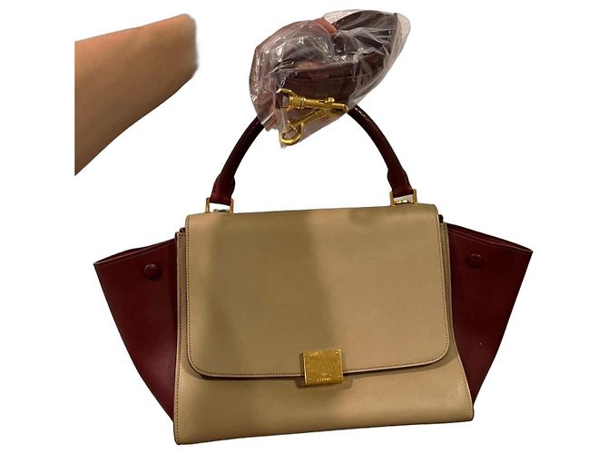 Céline Celine Two-Tone Leather Handbag Beige Dark red