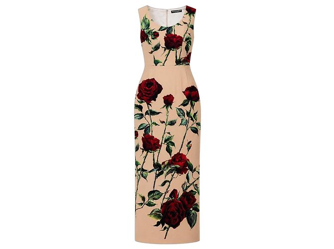 Dolce & Gabbana Vestido Midi Estampado Rosas Roja Beige