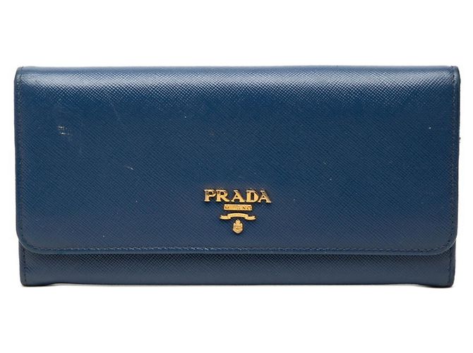 Cartera larga bi-fold en cuero Saffiano azul Prada