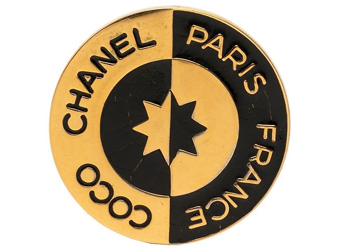 Chanel COCO Logo Rundbrosche Schwarz Golden