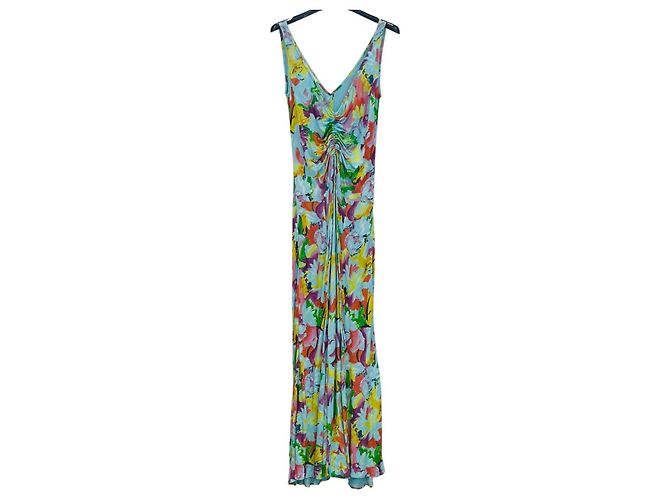 Escada Vestido Largo con Estampado Floral Rosa Roja Multicolor Verde Amarillo Azul claro