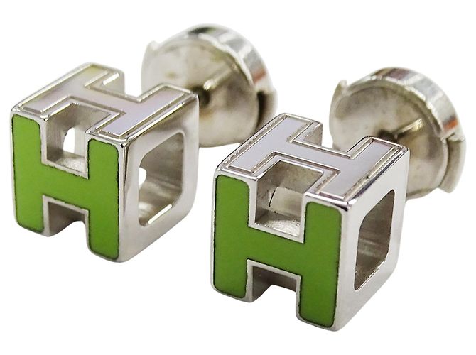 Hermès Orecchini a lobo Hermes Cage d'H H-Cube Verde e Argento