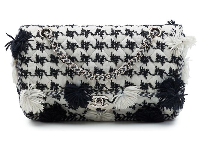 Chanel White Medium Classic Embroidered Canvas Houndstooth Pom Pom Flap Bianco