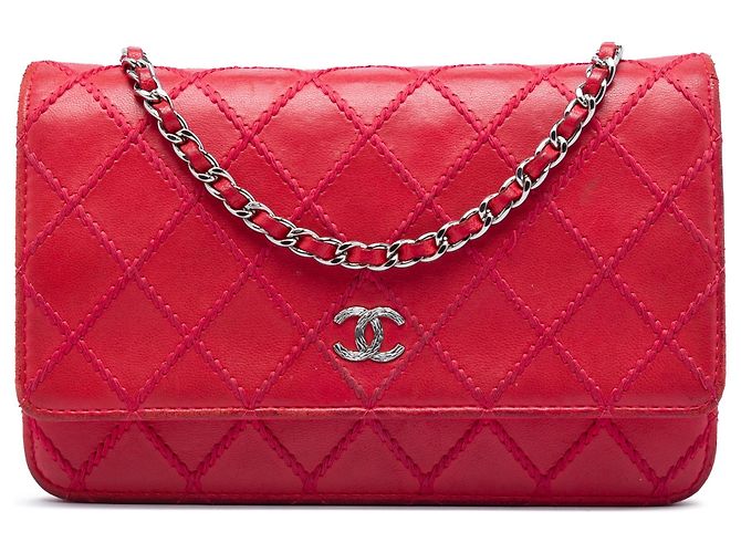 Chanel Red CC Lammleder Wild Stitch Wallet on Chain Rot