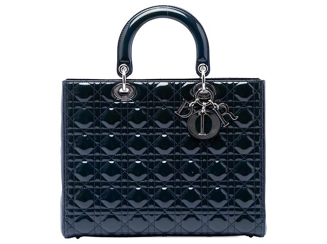Lady Dior Cannage en charol azul, gran tamaño Azul marino