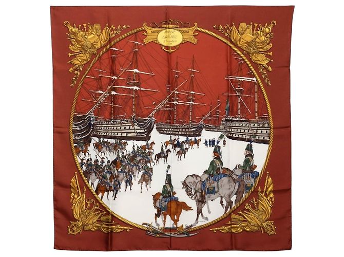 Hermès Sciarpa Carre 90 Hermes Marine et Cavalerie Marrone Multicolore