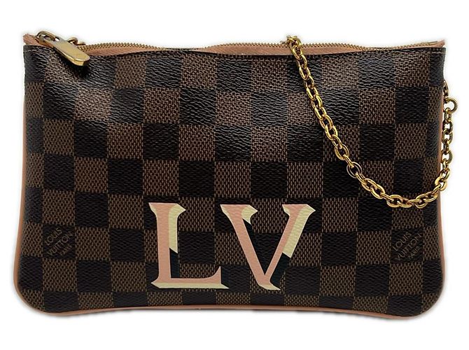 Louis Vuitton Damier Pochette Double Shoulder Bag Marrom Bege Damier ebene