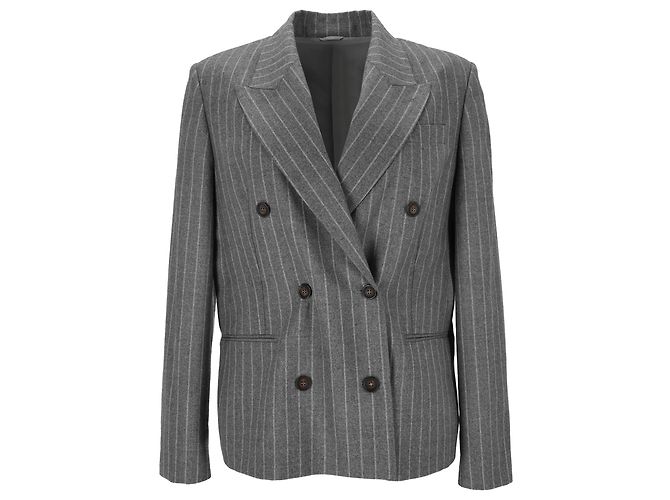 Brunello Cucinelli Pinstriped Double-Breasted Blazer in Grey Wool