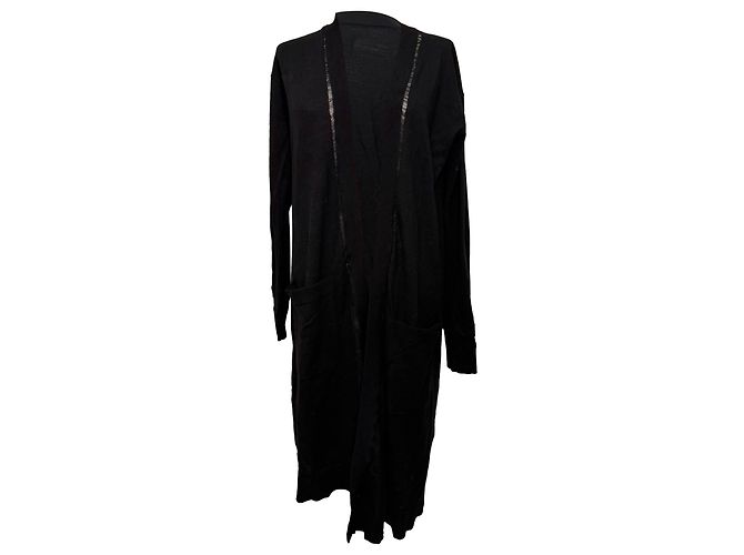 Zadig & Voltaire Strickjacke mit offenem Vordergrund, lang, aus schwarzer Wolle