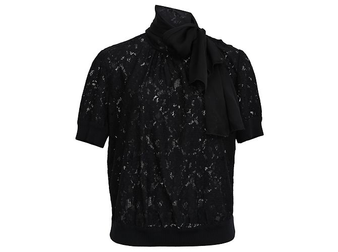 Top de algodón negro con detalles de lazo de encaje y seda D&G
