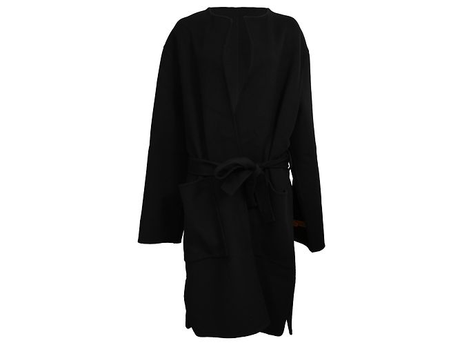 Céline  Celine Belted Triomphe Accent Coat in Black Cashmere
