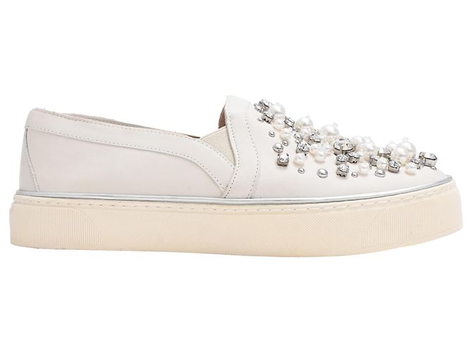 Stuart Weitzman Decor Embellished Slip-On Platform Sneakers in White Leather