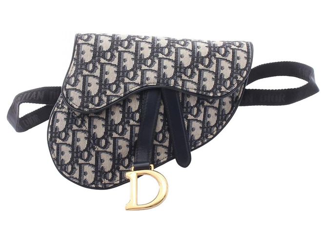 Borsa Saddle Christian Dior in tela e pelle blu navy/beige