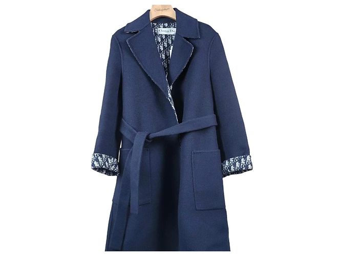 Christian Dior Navy Wool Silk Blend Monogram Reversible Coat