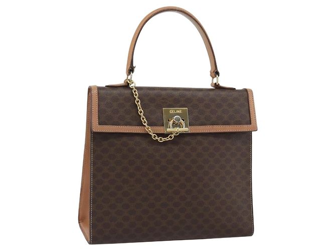 Céline Bolsa CELINE Macadam Canvas PVC Couro Marrom Ouro Auth mr2743 Dourado