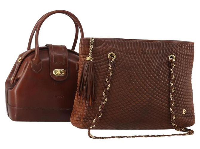 BALLY Handtasche Leder 2er Set Braun Gold Authentisch bs35899 Golden