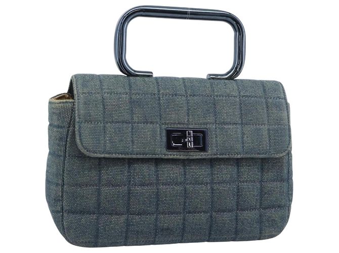 Borsa CHANEL 2.55 Choco Bar Line Canvas Blu CC Auth mr2780V