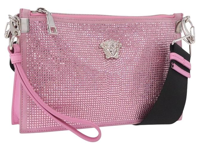 Bolsa de Ombro VERSACE em Couro Rosa Prata Auth BA13994A
