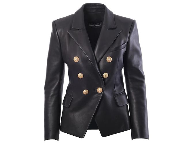 Balmain Black Leather Double-Breasted Blazer