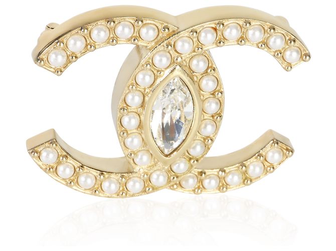Gabrielle Chanel CC Brosche vergoldet mit Kunstperlen & Strass 2021