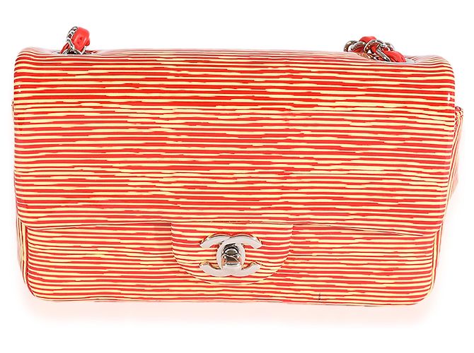 Timeless Chanel Red Striped Patent Mini Rectangular Classic Flap Bag Yellow