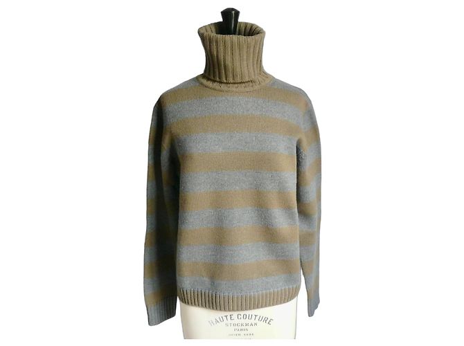 Christian Dior Herren Rollkragenpullover Gestreift Grau Kamel