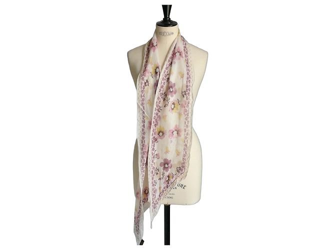 Louis Vuitton Lenço de Voile de Algodão Floral Marrom Rosa Branco Amarelo
