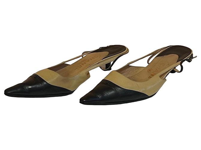 Chanel Two-Tone Leather Slingback Pumps Black Beige