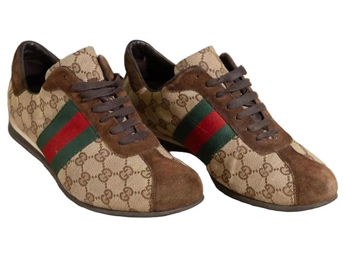 Gucci Monogramm-Canvas-Sneaker mit Web-Streifen Braun Mehrfarben