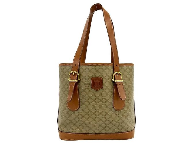 Céline Celine Vintage Macadam Blazon Logo Pattern Ledertasche Braun Beige