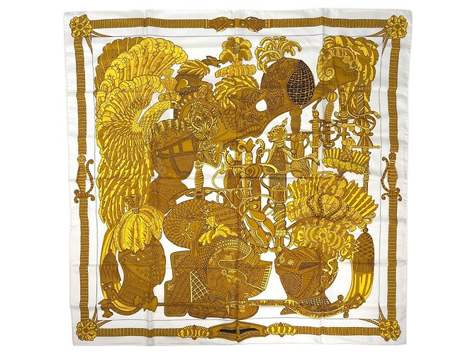 Silk In Hermès Sciarpa Hermes Carre 90 ARMETS en PANACHE Bianco Multicolore