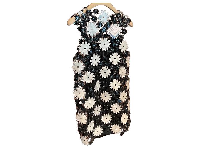 Paco Rabanne Blumen-Mesh Kleid Schwarz Weiß Mehrfarben
