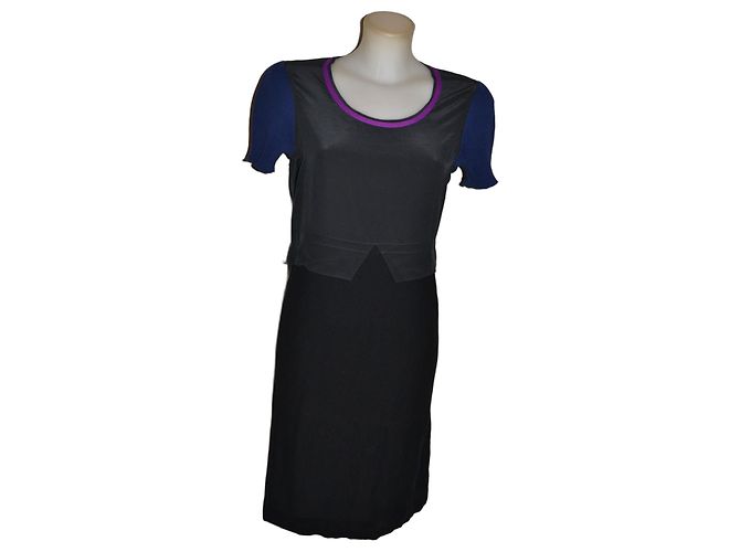 Sonia Rykiel Black Silk & Cotton Midi Dress with Purple Trim Blue