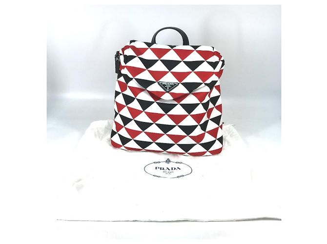 Prada Triangle Plate Signo Print Backpack Black White Red