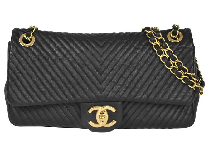 Borsa a Spalla Chanel Chevron V Stitch Coco Mark W Chain Nero