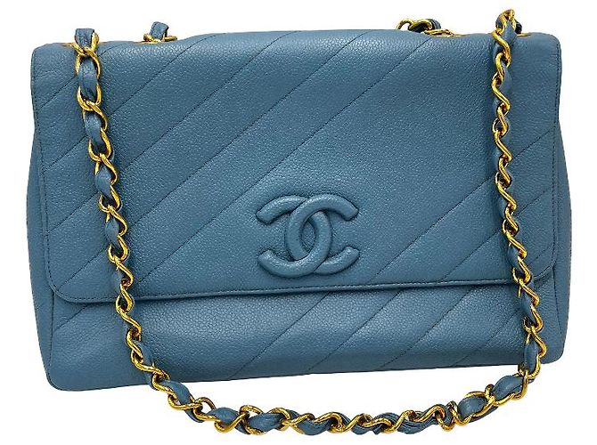 Chanel Coco Mark Bias Stitch Chain cuir Large Bleu