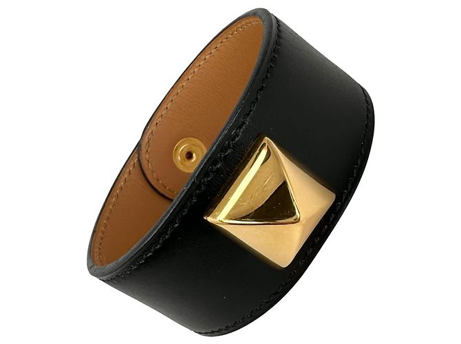 Bracelete Hermès Medor em couro preto e marrom