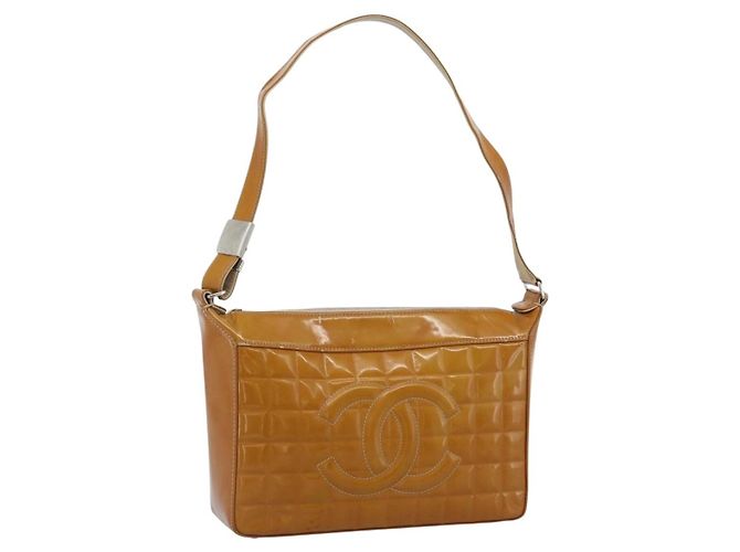 CHANEL Choco Bar Line Shoulder Bag Couro Verniz Marrom Prata CC Auth mr2768